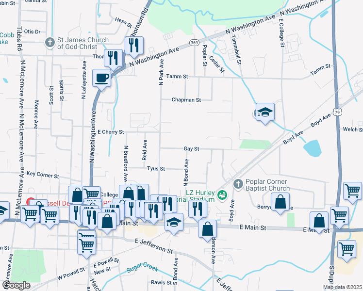 map of restaurants, bars, coffee shops, grocery stores, and more near 807 Gay Street in Brownsville