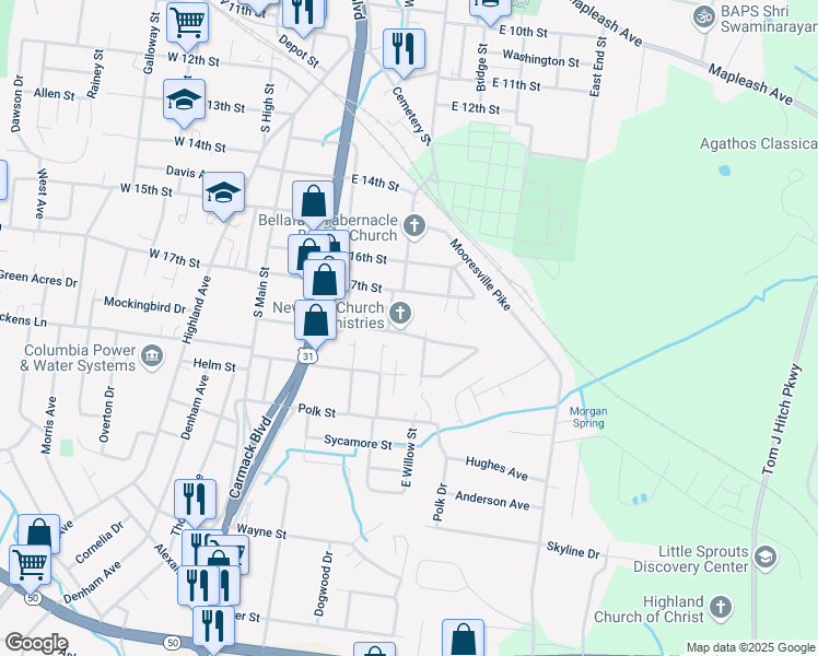 map of restaurants, bars, coffee shops, grocery stores, and more near 319 East 18th Street in Columbia