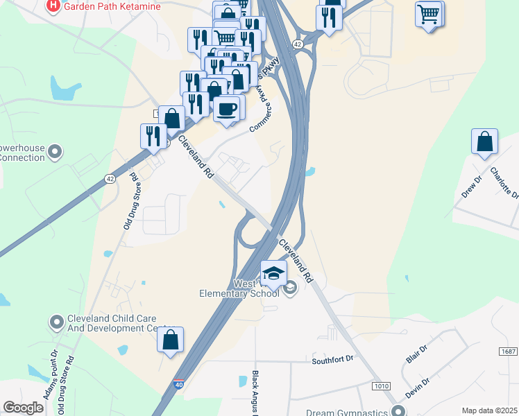 map of restaurants, bars, coffee shops, grocery stores, and more near 12022 Cleveland Road in Garner