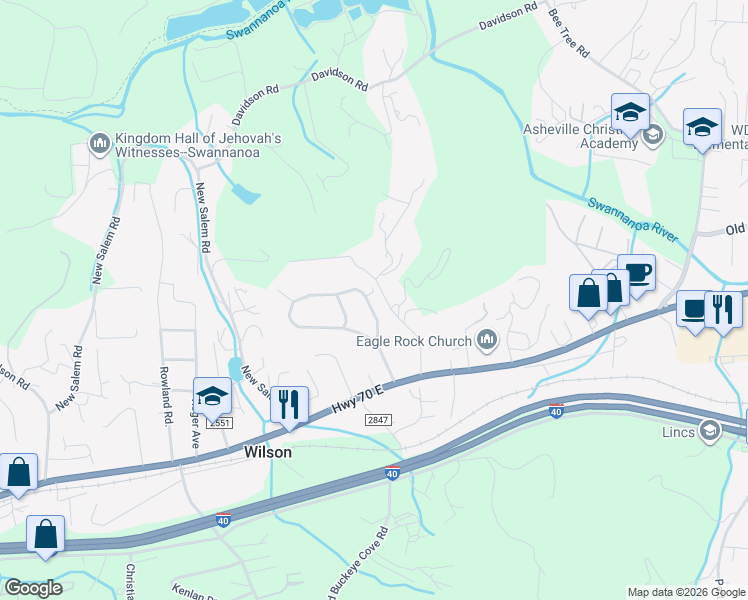 map of restaurants, bars, coffee shops, grocery stores, and more near 210 Melody Circle in Swannanoa