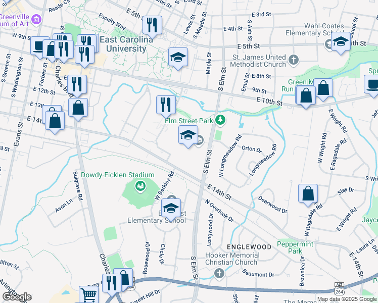 map of restaurants, bars, coffee shops, grocery stores, and more near 1100 South Elm Street in Greenville