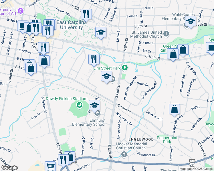 map of restaurants, bars, coffee shops, grocery stores, and more near 1100 South Elm Street in Greenville