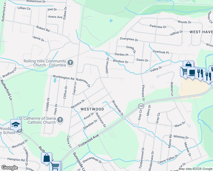 map of restaurants, bars, coffee shops, grocery stores, and more near 4006 Brookside Drive in Columbia