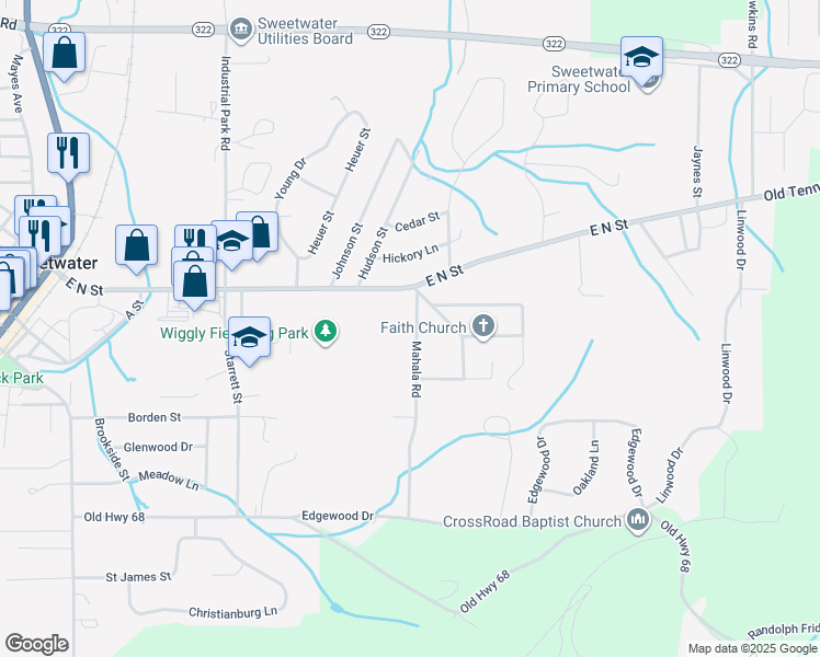 map of restaurants, bars, coffee shops, grocery stores, and more near 202 Mahala Road in Sweetwater