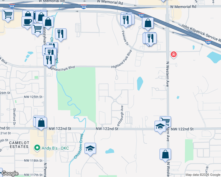 map of restaurants, bars, coffee shops, grocery stores, and more near 1601 Northwest 126th Street in Oklahoma City