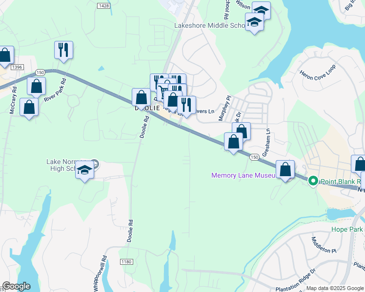 map of restaurants, bars, coffee shops, grocery stores, and more near 118 Kendra Drive in Mooresville