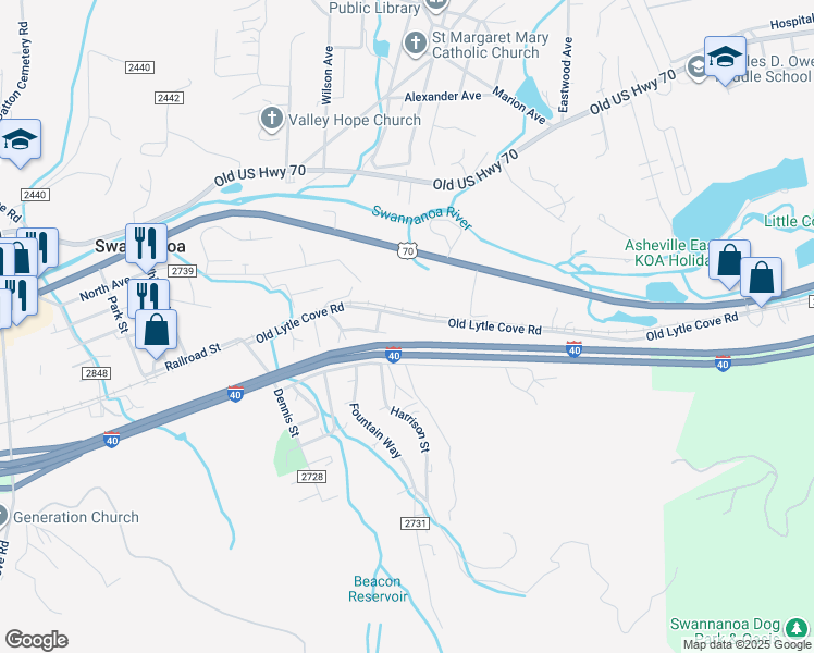 map of restaurants, bars, coffee shops, grocery stores, and more near 400 Old Lytle Cove Road in Swannanoa