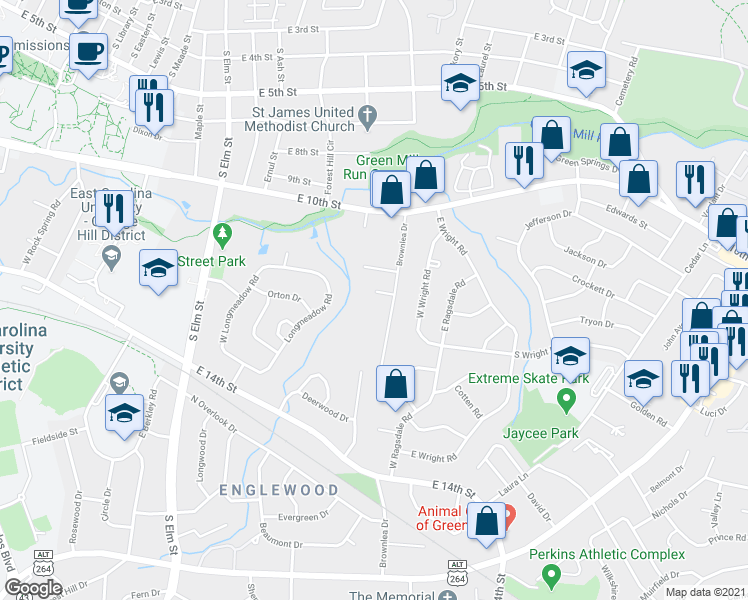map of restaurants, bars, coffee shops, grocery stores, and more near 111 Eric Court in Greenville