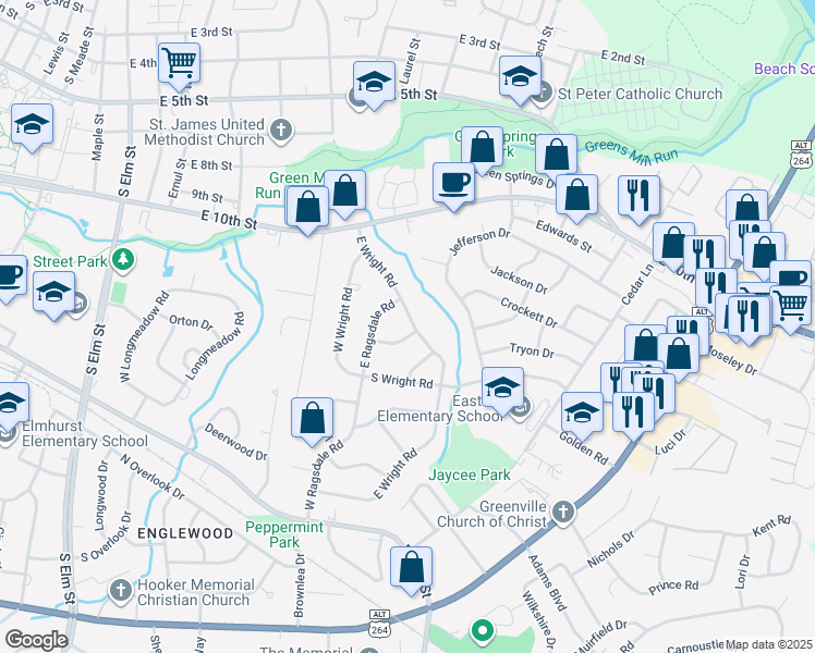 map of restaurants, bars, coffee shops, grocery stores, and more near 1104 East Wright Road in Greenville