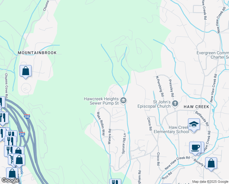 map of restaurants, bars, coffee shops, grocery stores, and more near 20 Rocking Porch Road in Asheville