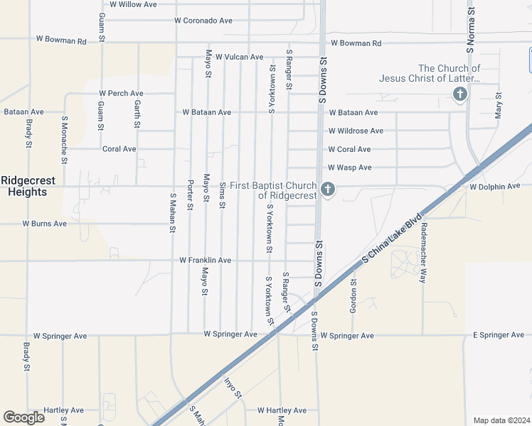 map of restaurants, bars, coffee shops, grocery stores, and more near 1333 South Yorktown Street in Ridgecrest