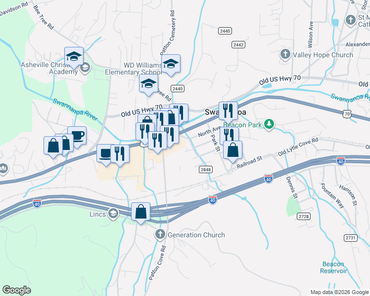 map of restaurants, bars, coffee shops, grocery stores, and more near 198 Asheville Road in Swannanoa