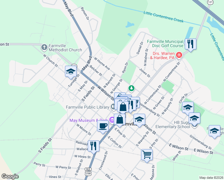 map of restaurants, bars, coffee shops, grocery stores, and more near 3350 North George Street in Farmville