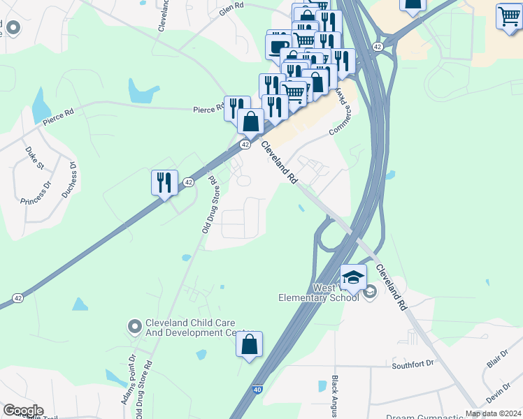 map of restaurants, bars, coffee shops, grocery stores, and more near 264 Thornwhistle Pl in Garner