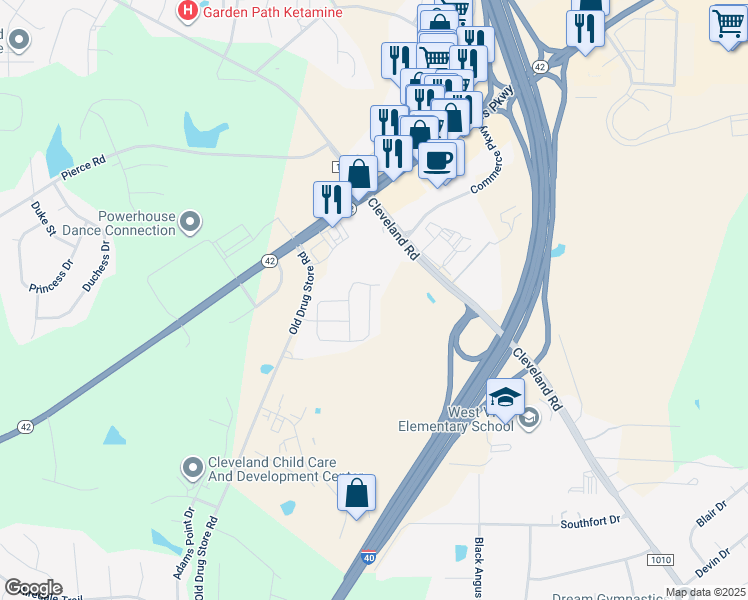 map of restaurants, bars, coffee shops, grocery stores, and more near 264 Thornwhistle Pl in Garner