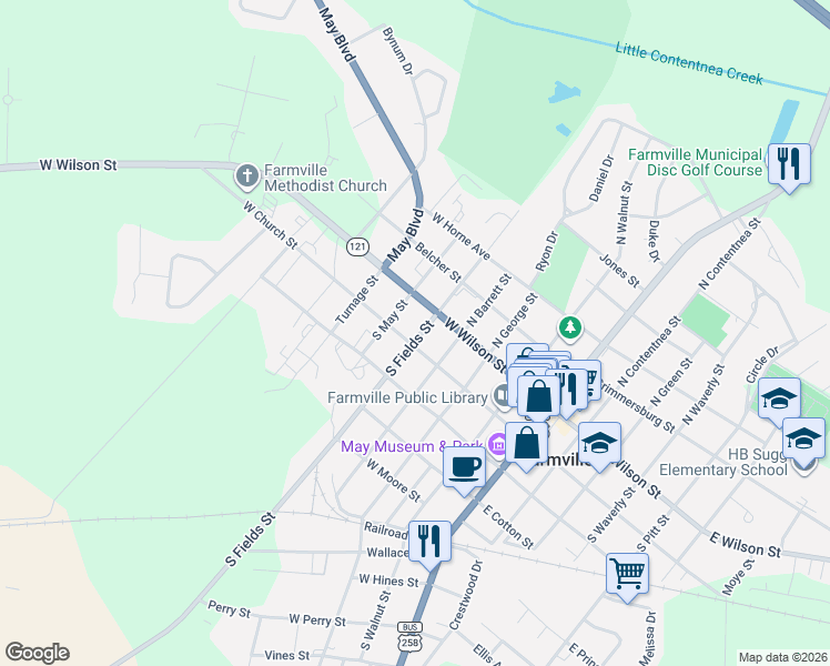 map of restaurants, bars, coffee shops, grocery stores, and more near 100-198 South Fields Street in Farmville