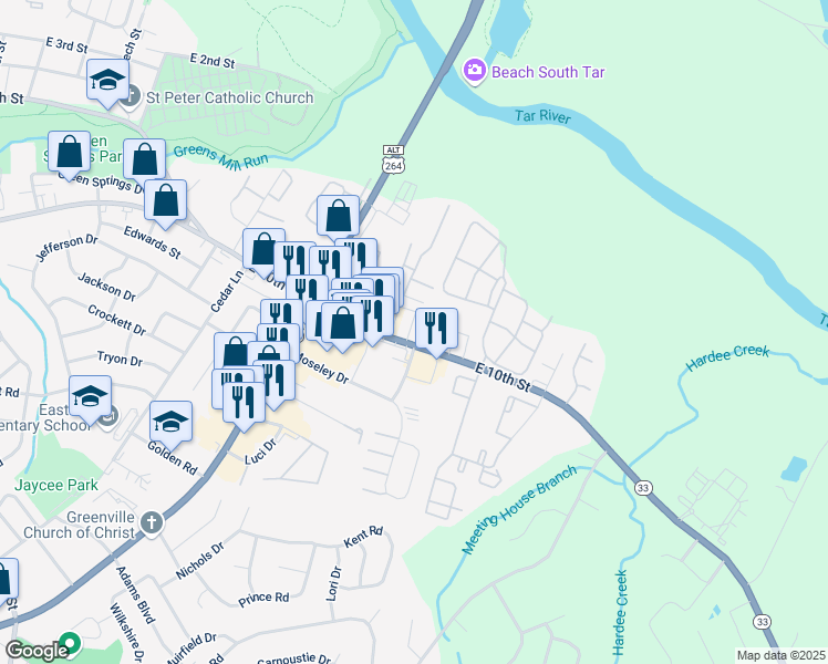 map of restaurants, bars, coffee shops, grocery stores, and more near 3205 E 10th St in Greenville