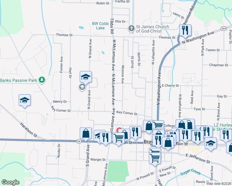 map of restaurants, bars, coffee shops, grocery stores, and more near 604 North McLemore Avenue in Brownsville
