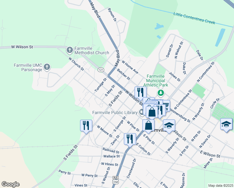 map of restaurants, bars, coffee shops, grocery stores, and more near 4390 West Church Street in Farmville