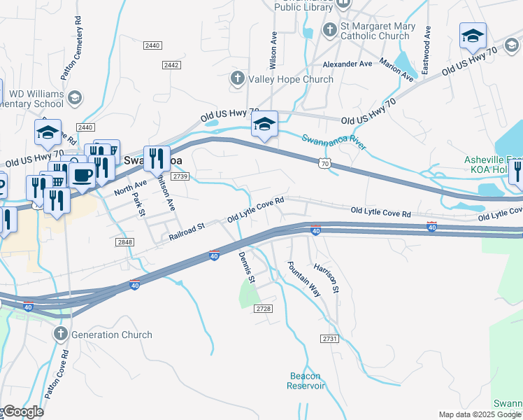 map of restaurants, bars, coffee shops, grocery stores, and more near 154 Old Lytle Cove Road in Swannanoa