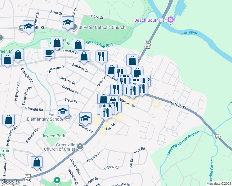 map of restaurants, bars, coffee shops, grocery stores, and more near 2011 Greenville Boulevard Southeast in Greenville