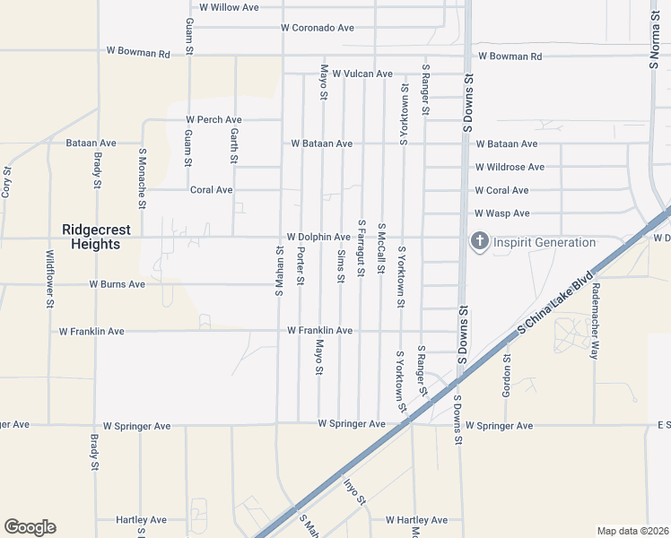 map of restaurants, bars, coffee shops, grocery stores, and more near 1329 Sims Street in Ridgecrest