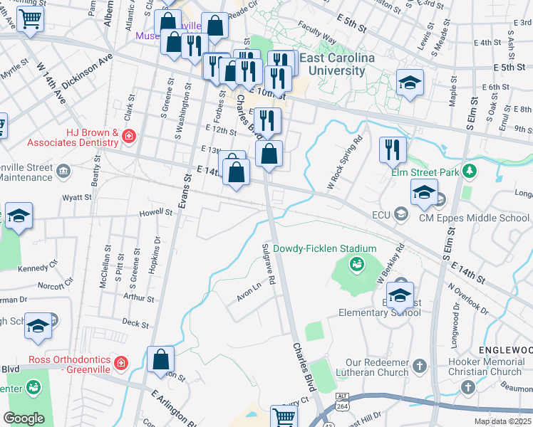 map of restaurants, bars, coffee shops, grocery stores, and more near 1510 Charles Boulevard in Greenville