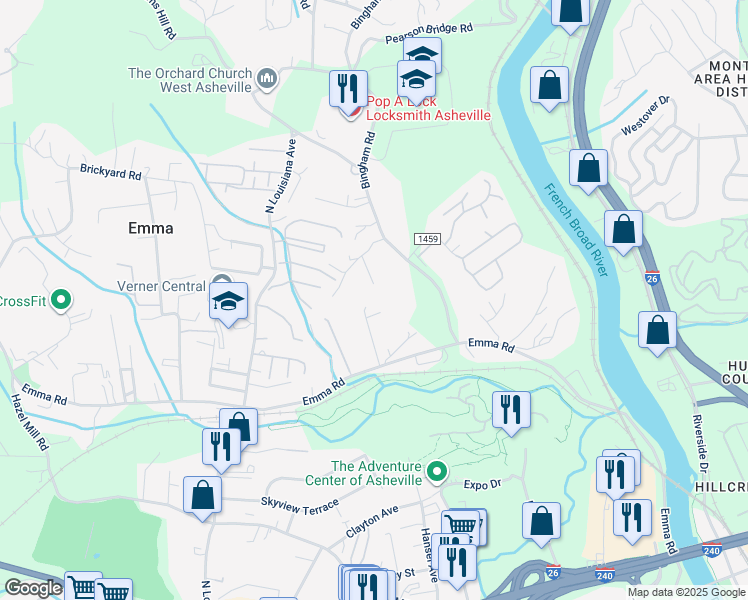 map of restaurants, bars, coffee shops, grocery stores, and more near 48 Bingham Road in Asheville