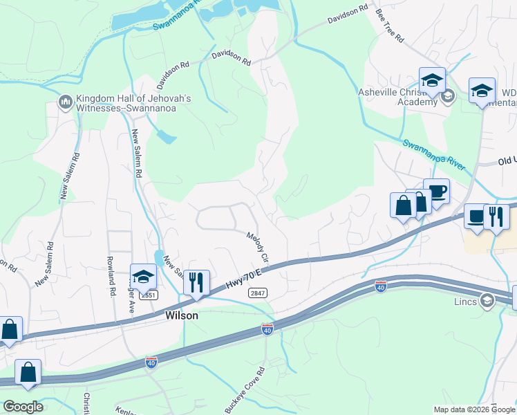 map of restaurants, bars, coffee shops, grocery stores, and more near 210 Melody Circle in Swannanoa