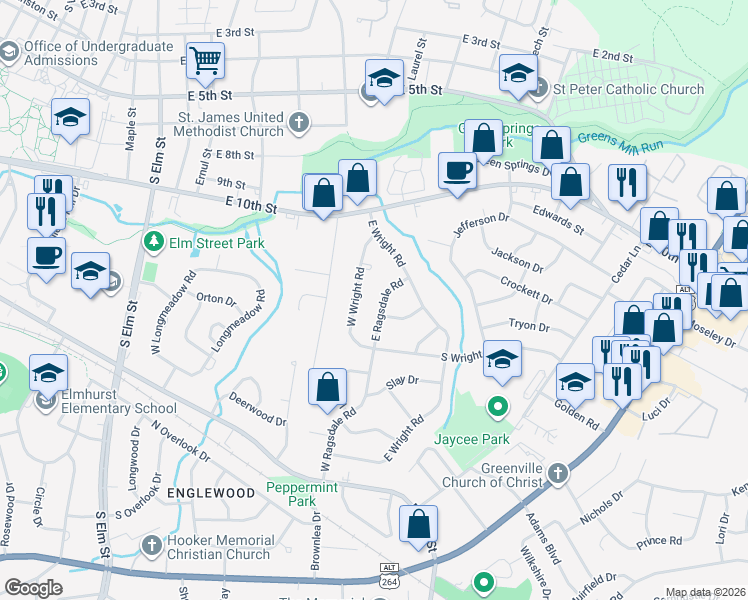 map of restaurants, bars, coffee shops, grocery stores, and more near 1110 West Ragsdale Road in Greenville