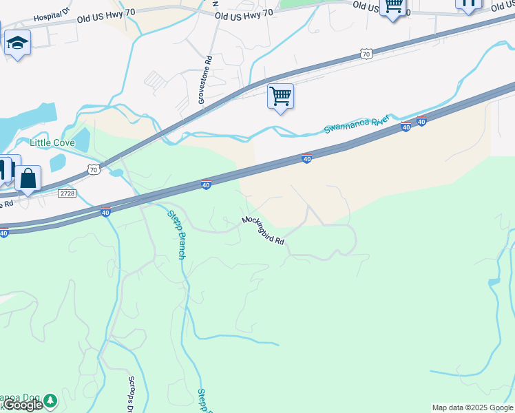map of restaurants, bars, coffee shops, grocery stores, and more near Walnut Lane in Buncombe County