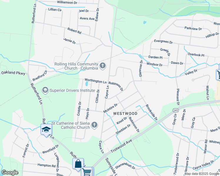 map of restaurants, bars, coffee shops, grocery stores, and more near 6014 Cayce Lane in Columbia