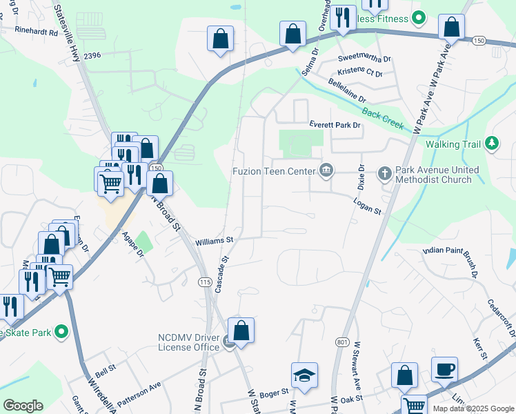 map of restaurants, bars, coffee shops, grocery stores, and more near 9 Brushwood Road in Mooresville