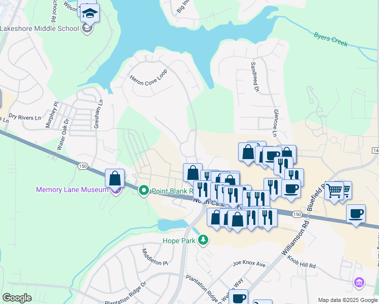 map of restaurants, bars, coffee shops, grocery stores, and more near 106 Plantation Pointe Loop in Mooresville