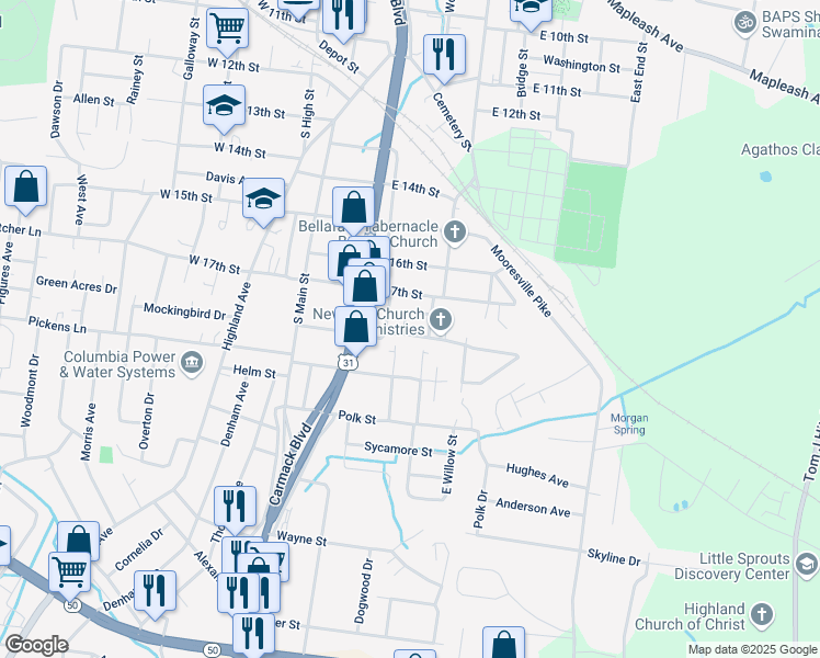 map of restaurants, bars, coffee shops, grocery stores, and more near 1807 Locust Drive in Columbia