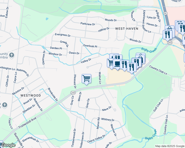 map of restaurants, bars, coffee shops, grocery stores, and more near 101 Walnut Lane in Columbia
