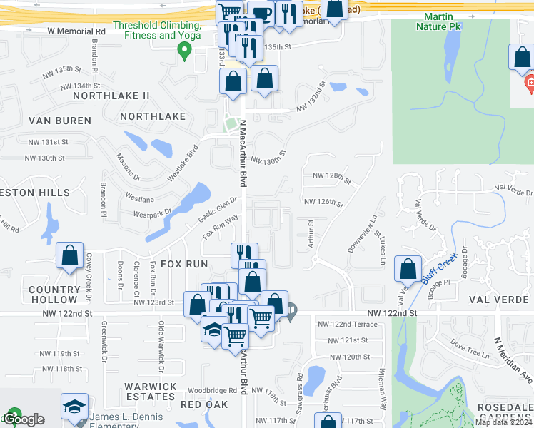 map of restaurants, bars, coffee shops, grocery stores, and more near 12710 North Macarthur Boulevard in Oklahoma City