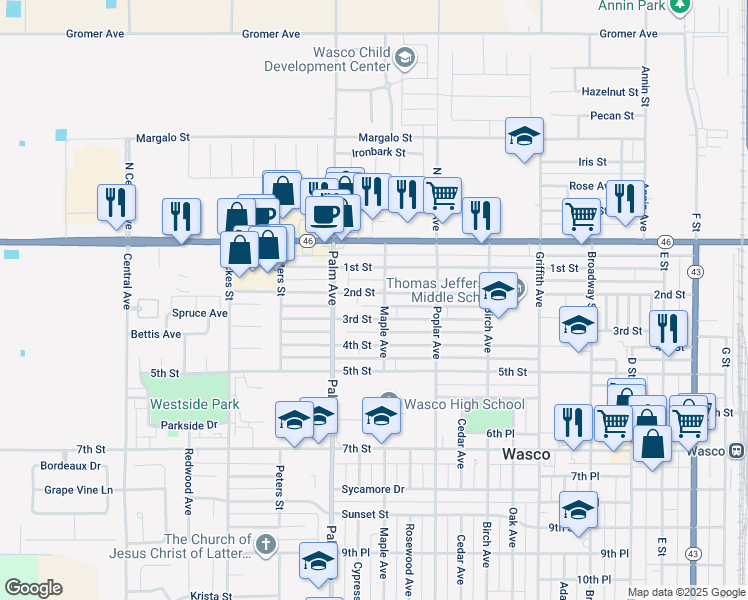 map of restaurants, bars, coffee shops, grocery stores, and more near 1923 2nd Street in Wasco