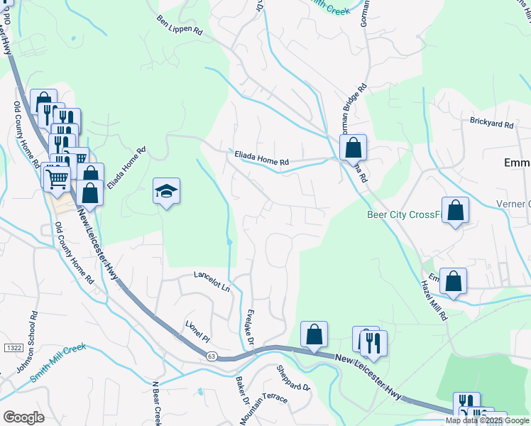 map of restaurants, bars, coffee shops, grocery stores, and more near 8 Le Vista Lane in Asheville