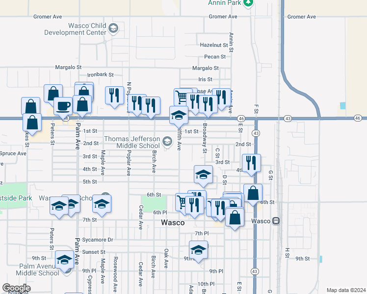 map of restaurants, bars, coffee shops, grocery stores, and more near 1225 2nd Street in Wasco