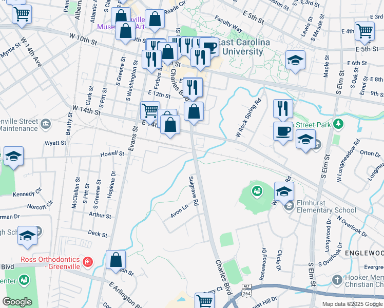 map of restaurants, bars, coffee shops, grocery stores, and more near 1506 Charles Boulevard in Greenville
