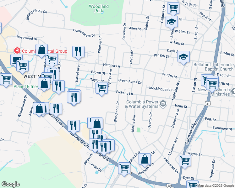 map of restaurants, bars, coffee shops, grocery stores, and more near 513 Pickens Lane in Columbia