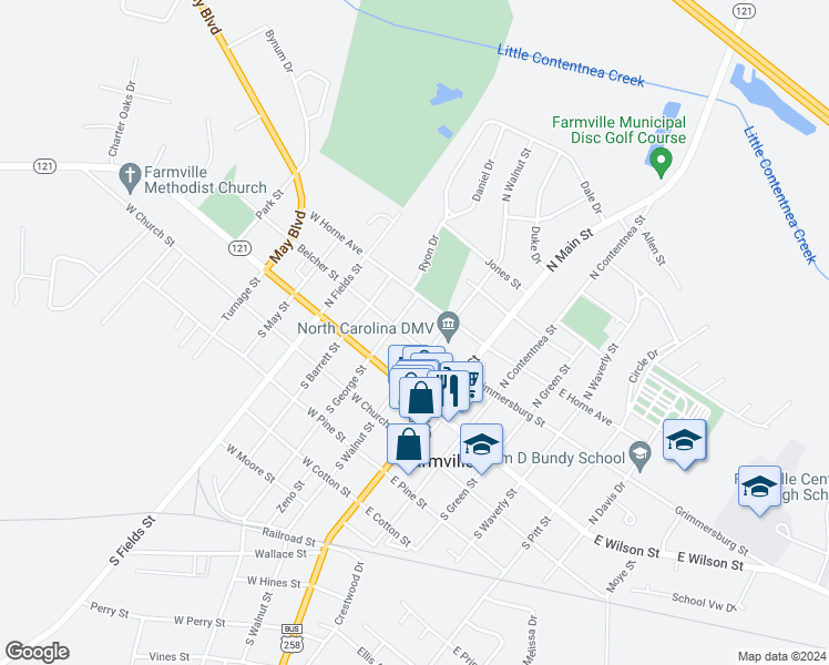 map of restaurants, bars, coffee shops, grocery stores, and more near 4254 Belcher Street in Farmville