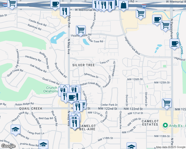 map of restaurants, bars, coffee shops, grocery stores, and more near 2707 Silvertree Drive in Oklahoma City