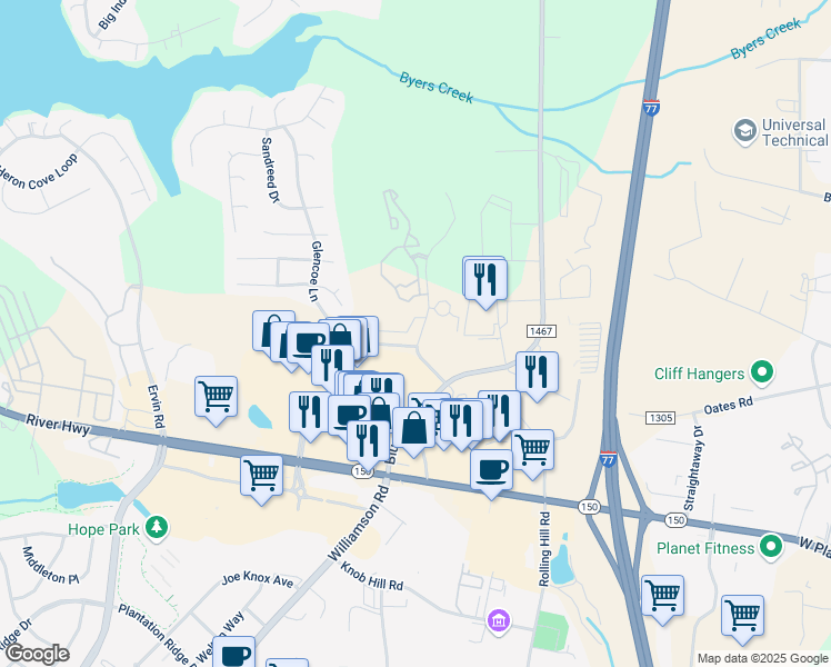 map of restaurants, bars, coffee shops, grocery stores, and more near 140 Carriage Club Drive in Mooresville