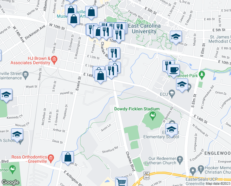 map of restaurants, bars, coffee shops, grocery stores, and more near 1505 Charles Boulevard in Greenville