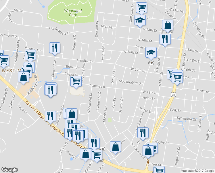 map of restaurants, bars, coffee shops, grocery stores, and more near 400 Pickens Lane in Columbia