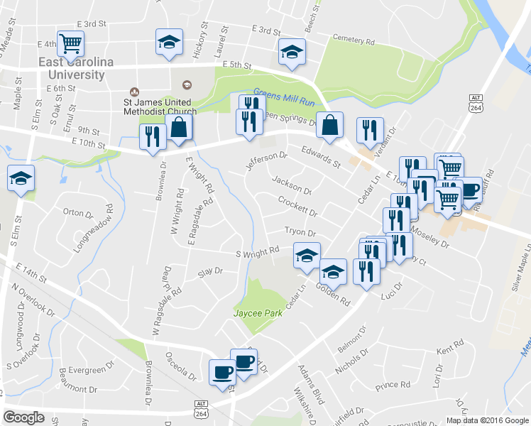 map of restaurants, bars, coffee shops, grocery stores, and more near 2400 Jefferson Drive in Greenville