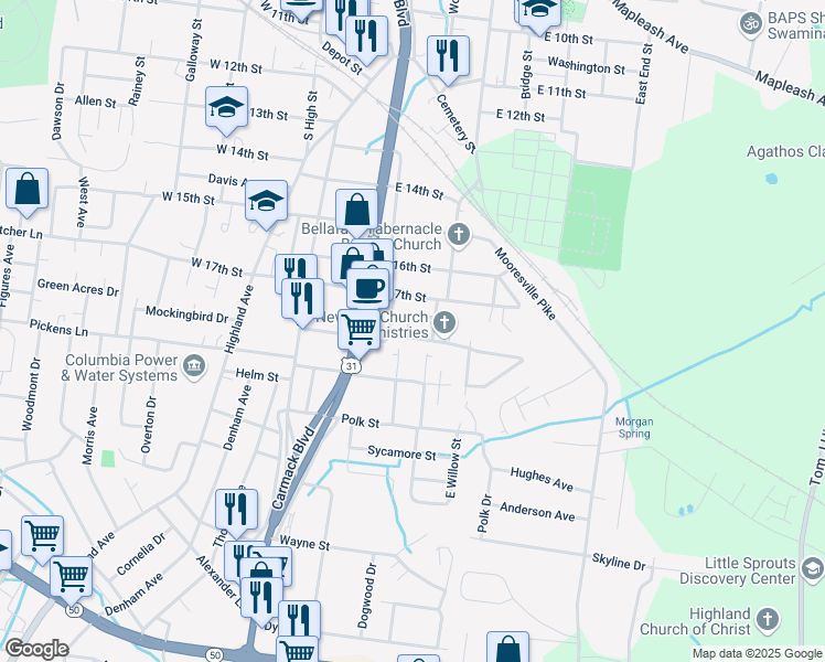 map of restaurants, bars, coffee shops, grocery stores, and more near 1807 Locust Drive in Columbia