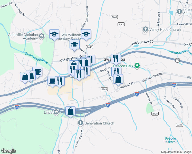 map of restaurants, bars, coffee shops, grocery stores, and more near 198 Asheville Road in Swannanoa
